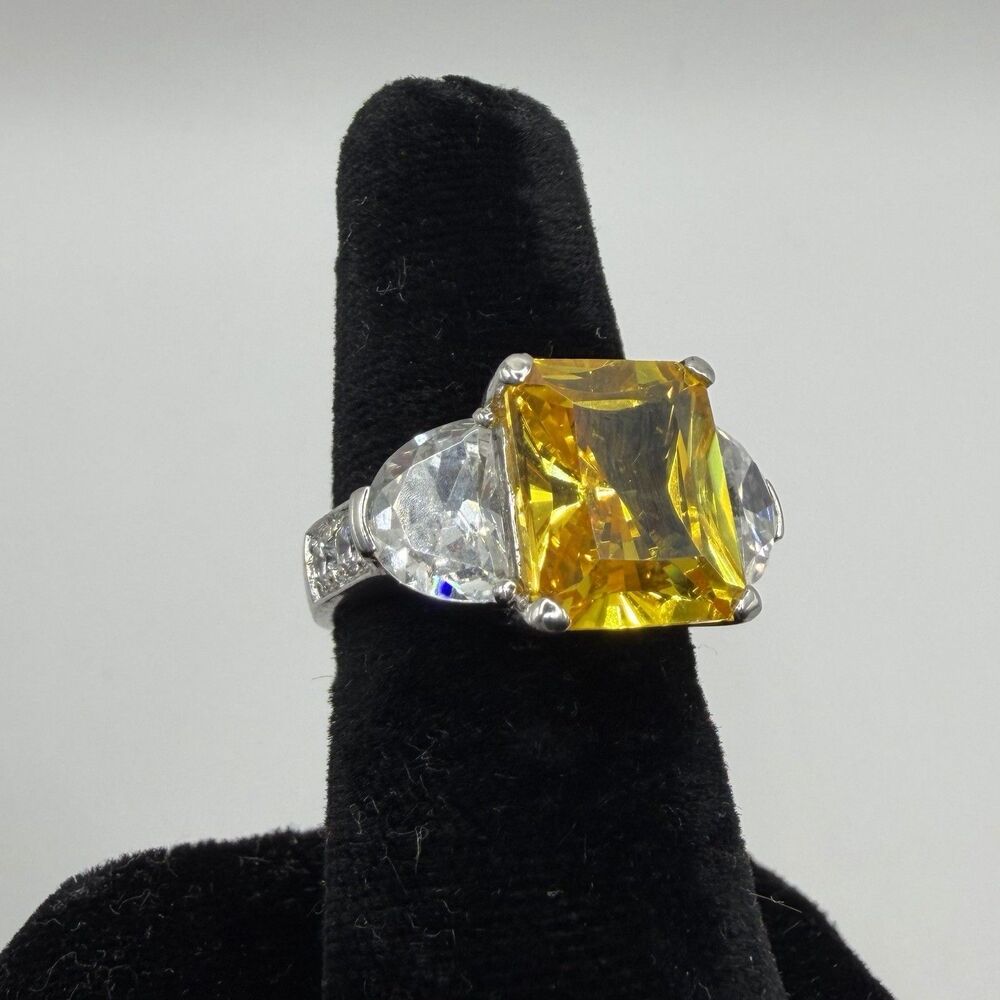 Vintage Sterling Silver Citrine Statement Cocktail Ring Size 7 Emerald Cut